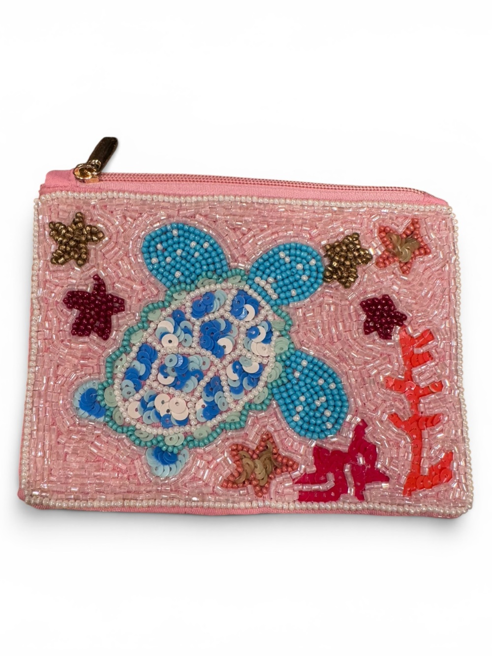 Sea Turtle Seed Bead Coin Purse Beaded Zip Pouch